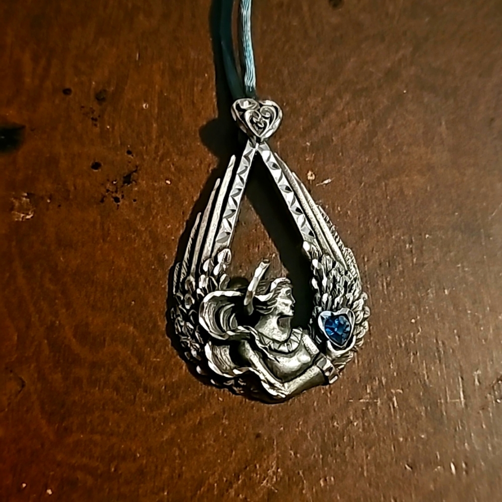 Vintage Pewter Lady Large Pendant (3"x2"), w/Emerald Gemstone on Ribbon